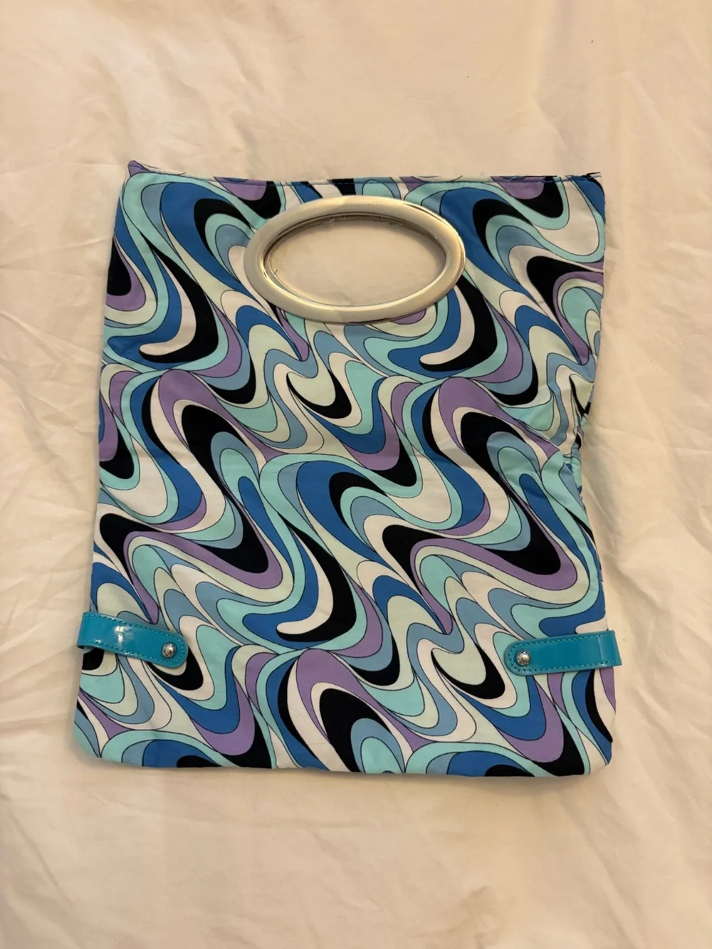 Vintage Swirl Print Oval-Handle Clutch in Blue & Lavender